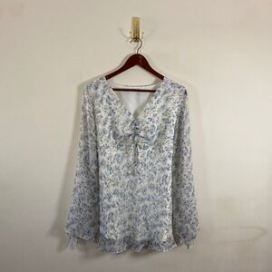 Dainty Floral Tie Back Long Sleeve Top Gathered Front Sheer Fairy Cottagecore